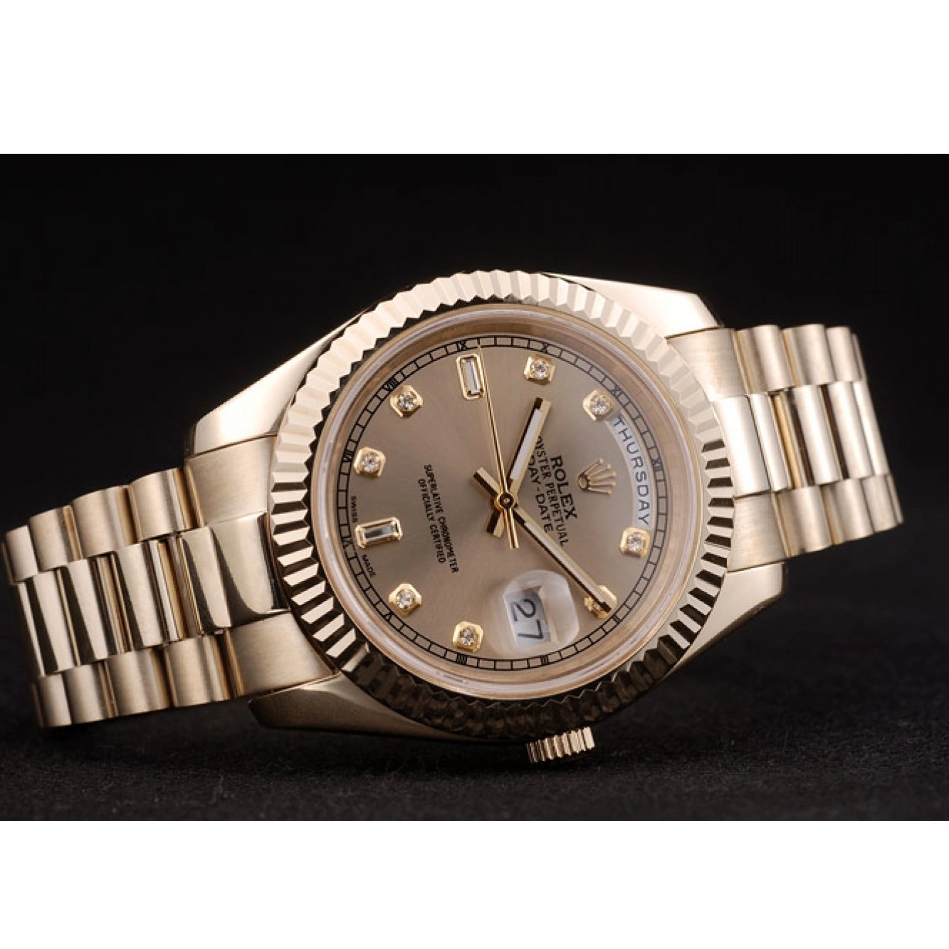 Aaa fake watches Swiss Ribbed Gold Steel Rolex Dial Bezel Stainless DayDate 41997 Gold 0814